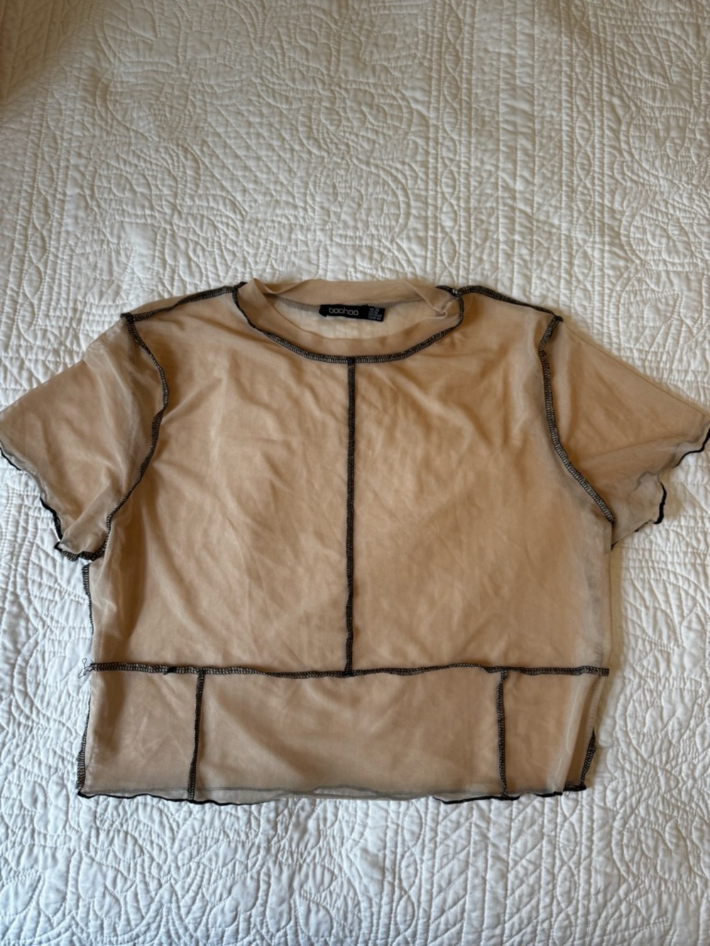 Boohoo Beige Sheer Crop Top with Black Contrast Stitching